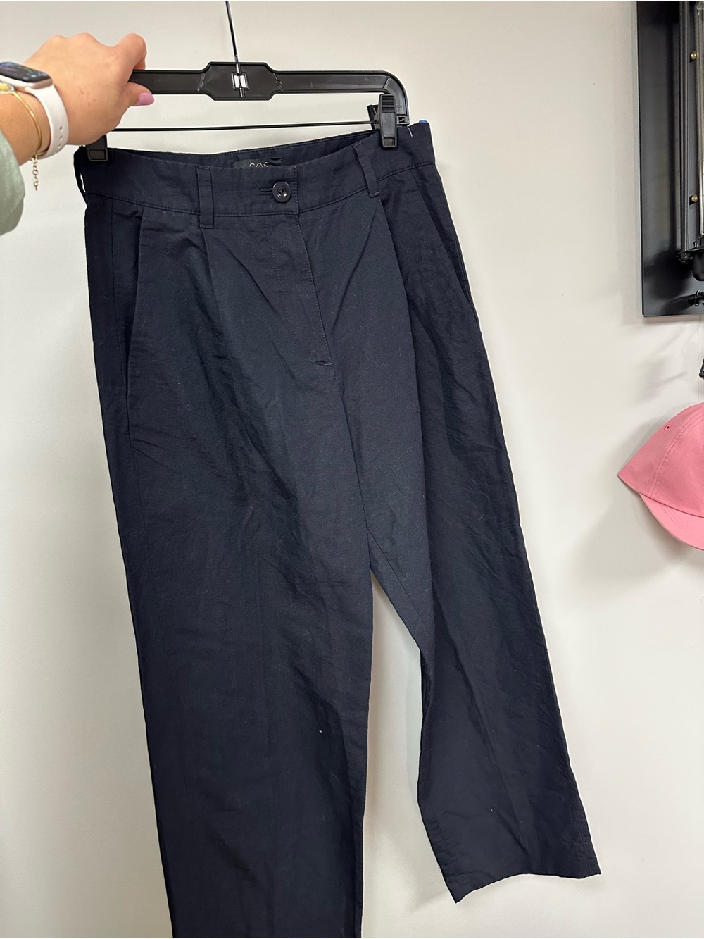 COS Navy Pleated Wide Leg Linen Pants